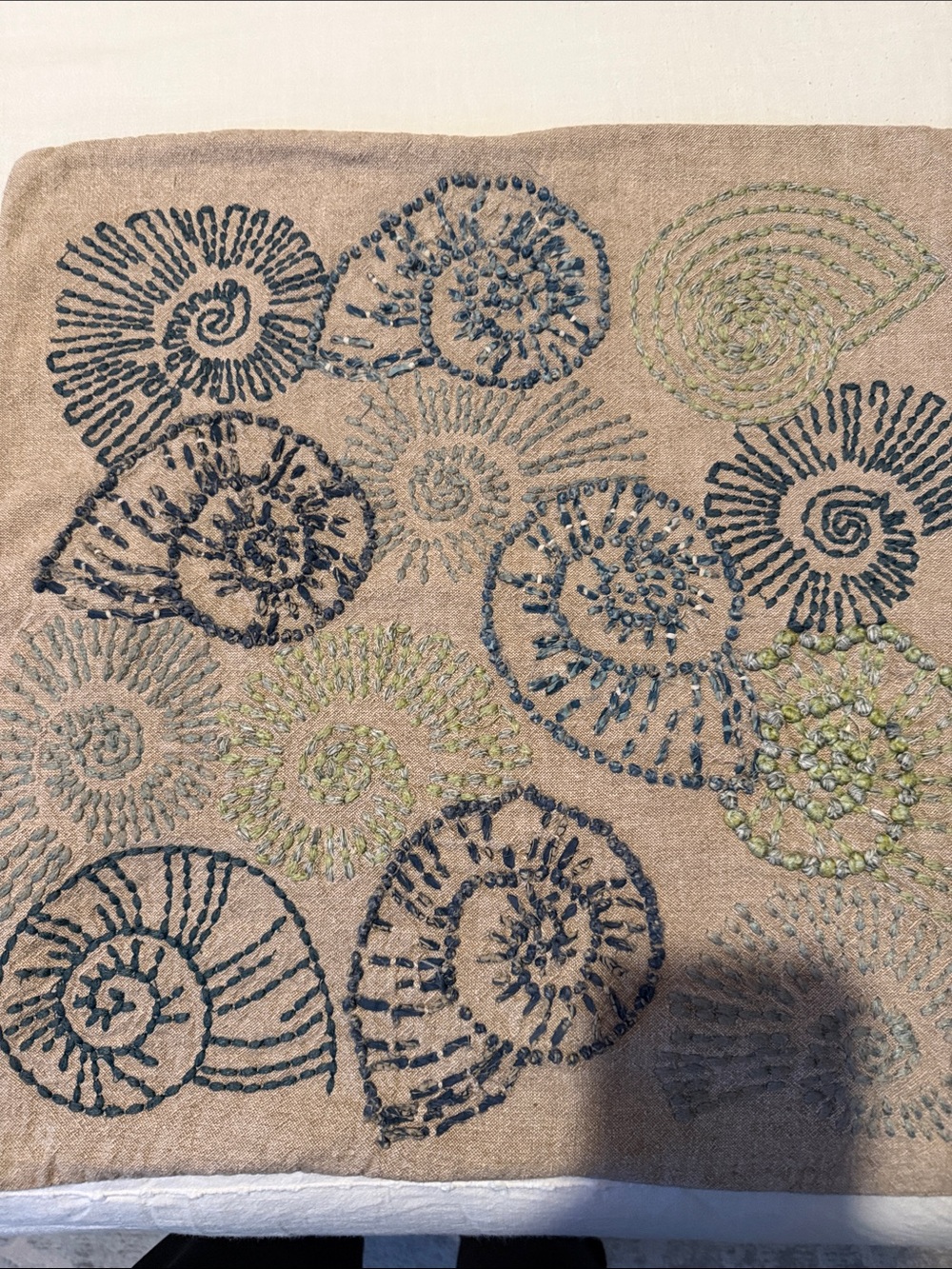 Pottery Barn Neutral Tan Pillow with Blue and Green Embroidery